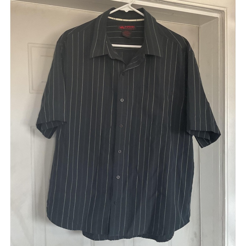 Hawk Shirt Mens Large‎ Black Striped Short Sleeve Button Up Casual Pinstripe